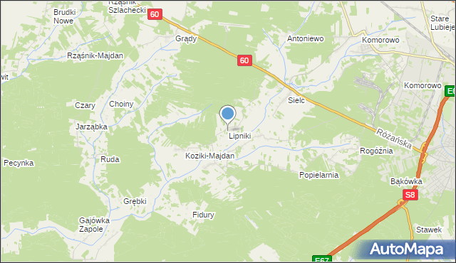 mapa Lipniki, Lipniki gmina Ostrów Mazowiecka na mapie Targeo